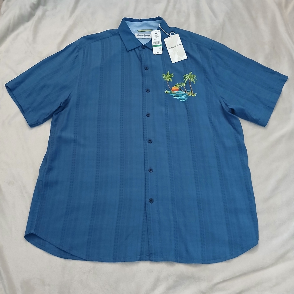 Tommy Bahama Shirt Mens Size Large Hawaiian Camp Veracruz Sunset Bering Blue NWT